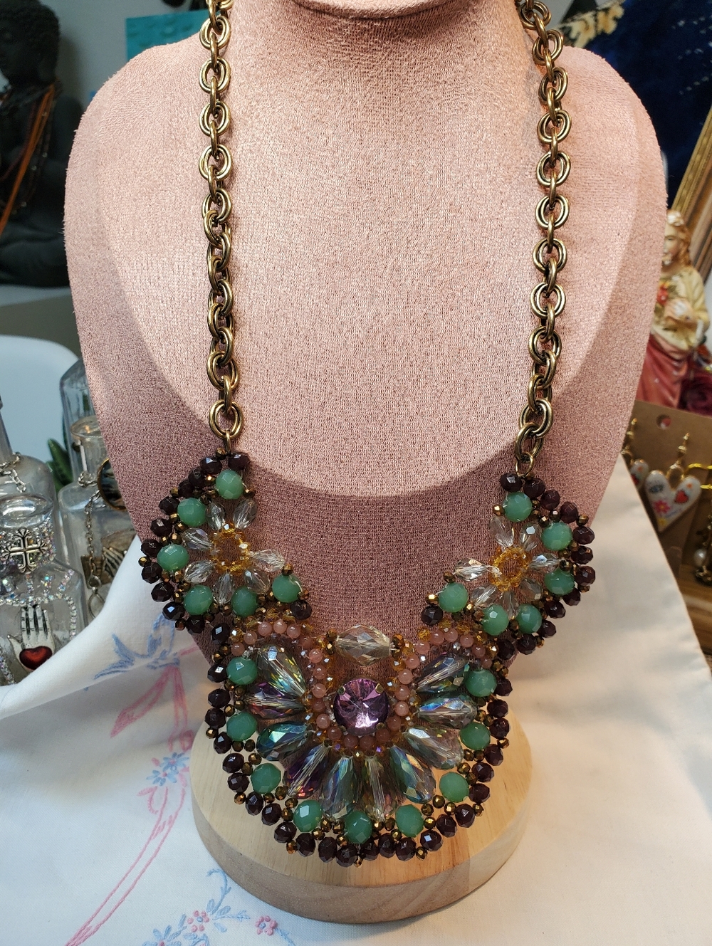 Leslie Danzis Beaded Bib Necklace AB & Crystsl & Glass